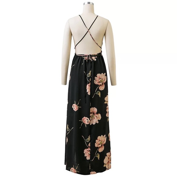 NEW Black Floral V-neck Crossback Strap Maxi Dress - Picture 5 of 8